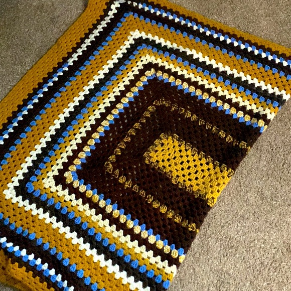 Vintage Crochet Knitted Throw Blanket | Mustard Yellow Blue & Brown Decor Colors - Picture 6 of 8